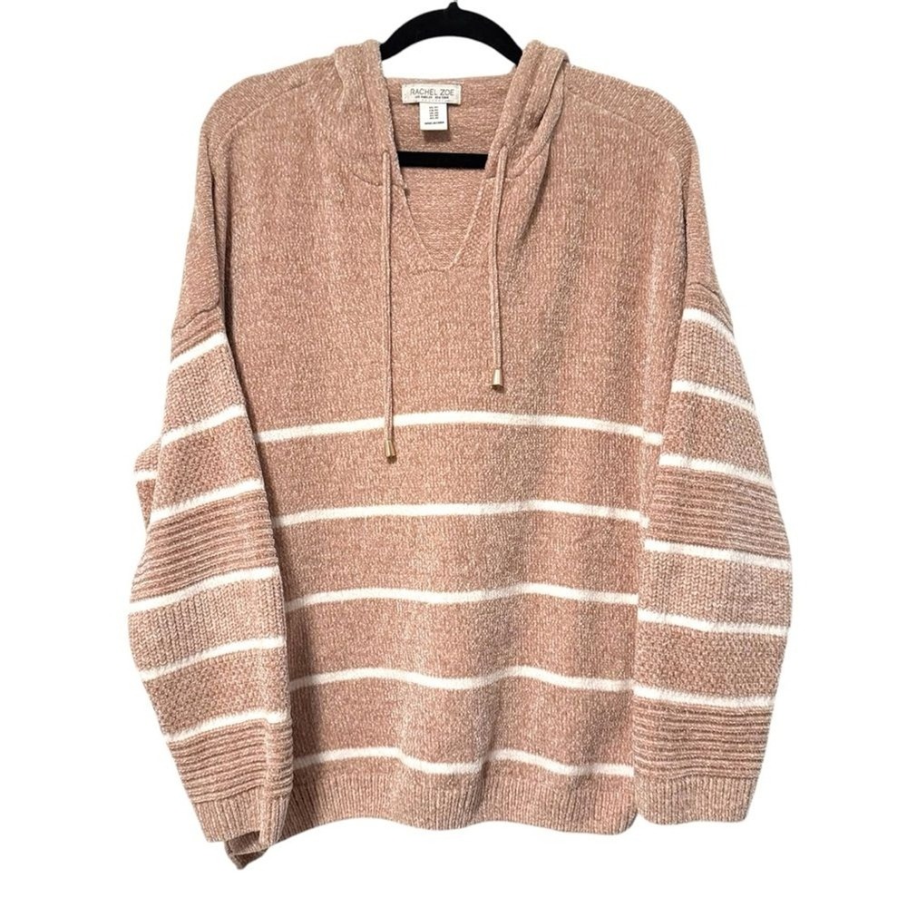 Rachel Zoe Chenille‎ Knit Hoodie Blush Pink Striped Oversized Sweater Womens 1X